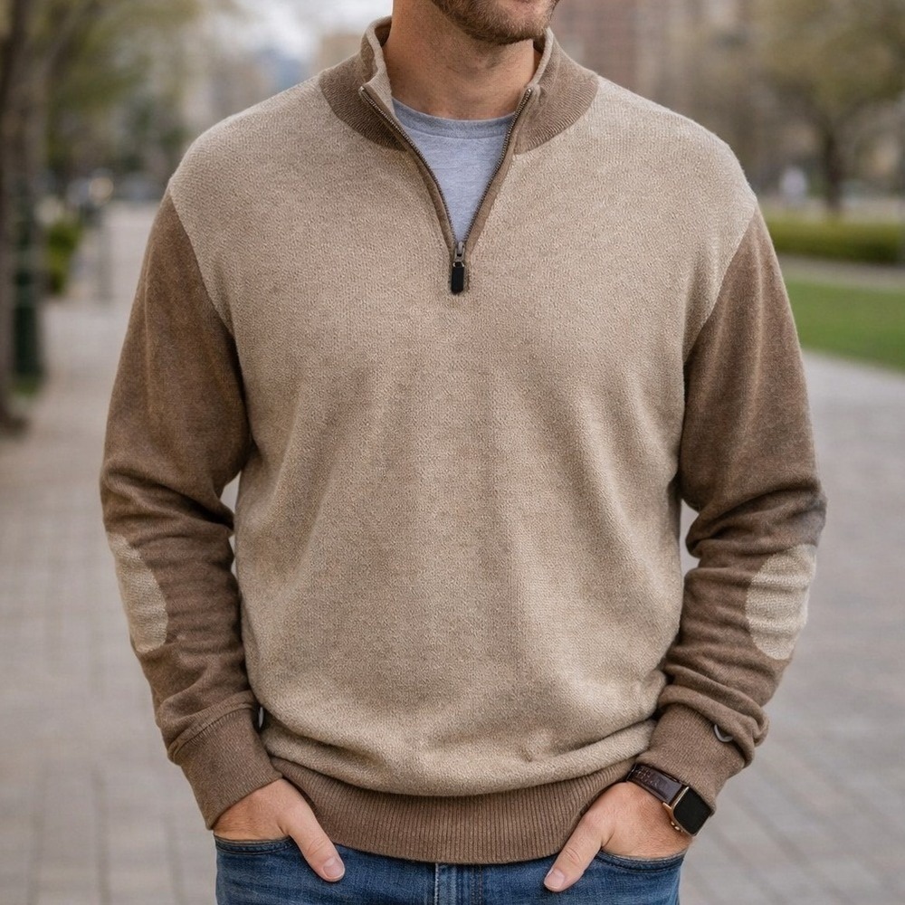 Joseph A Bank Cashmere Blend 1/4 Zip Sweater Men's Large Tan Brown Elbow Patches